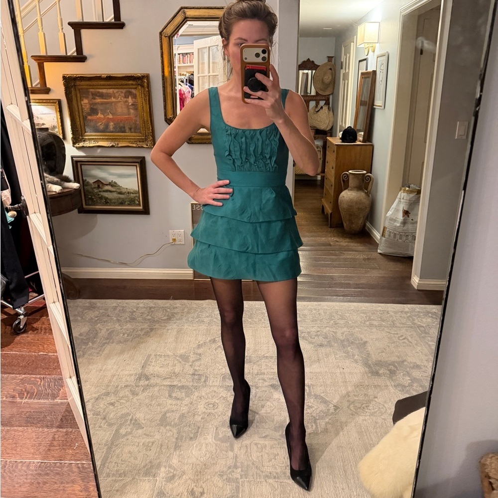 Max & Cleo Teal Ruffled Mini Dress - Picture 3 of 9